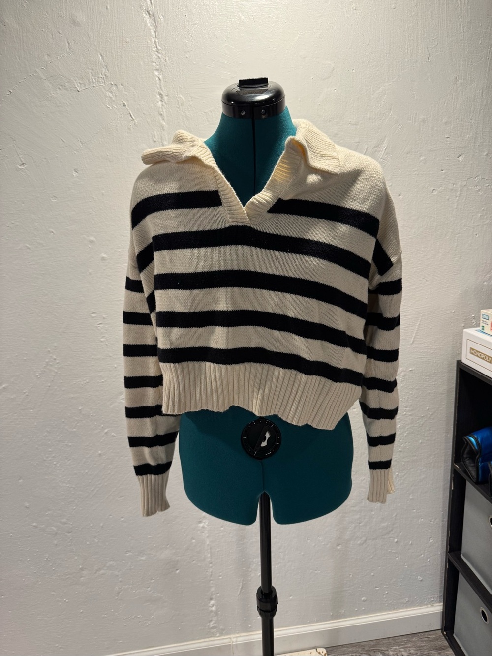 Cider Striped Collared V-Neck Sweater - Cream & Black